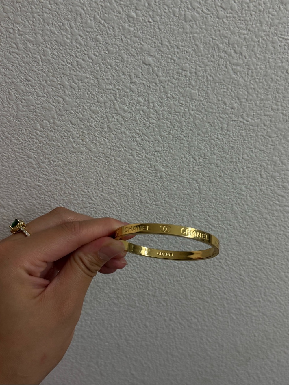 Gold Logo Engraved Narrow Bangle Bracelet